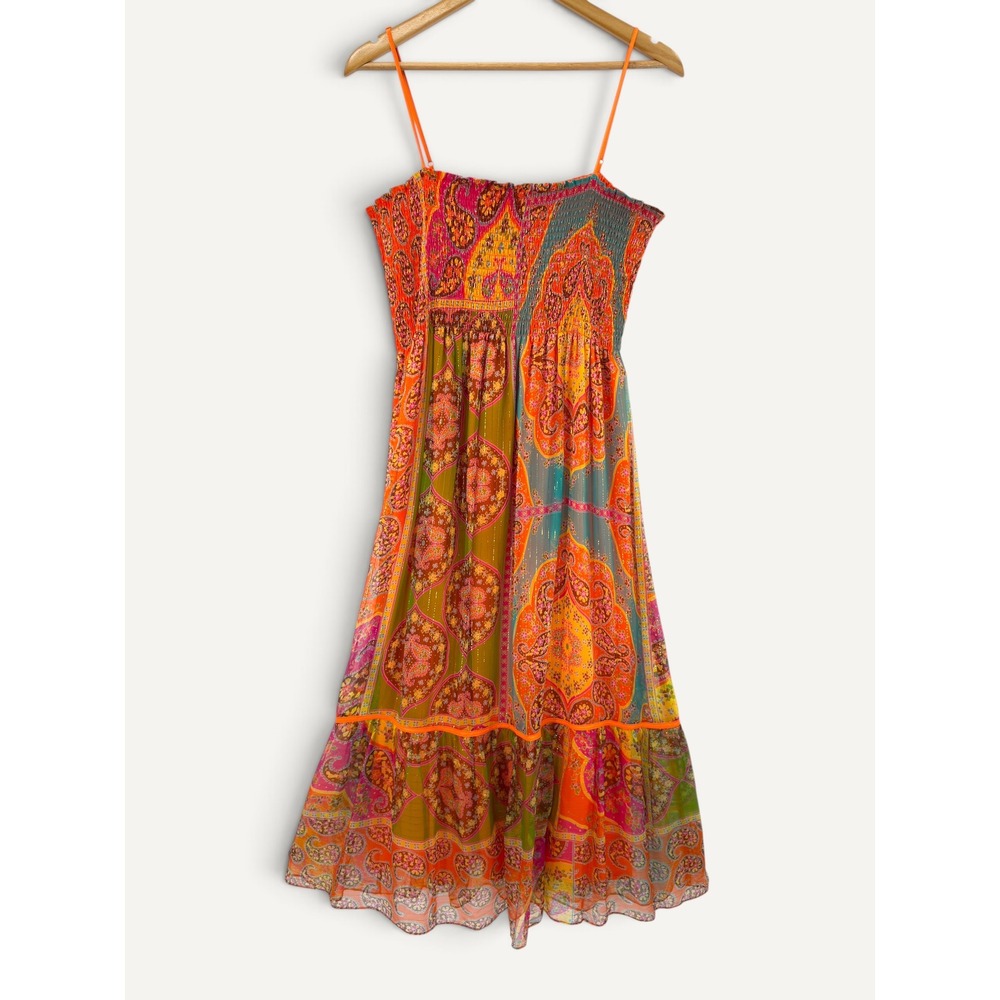 Peter Nygard Silk Maxi Dress 14 Orange Paisley Metallic Boho Smocked 2000s Style